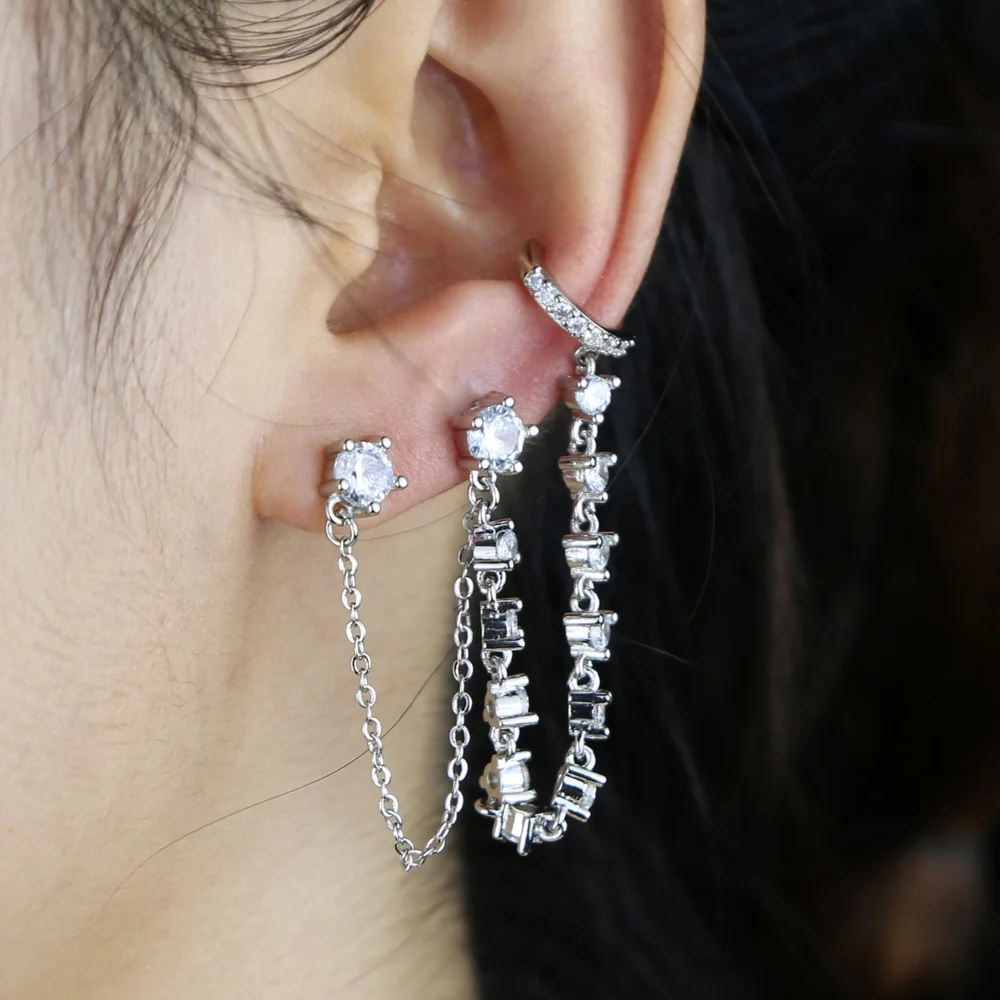

new arrived silver cuff earring with cz paved 2 hole stud earring dangle chain long earring for women girl wedding earring