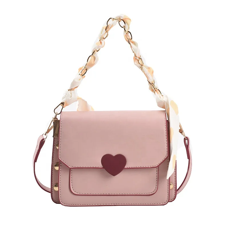 

2021 Solid PU Leather Stylish Bags for College Girls Cross Shoulder Chain Handle Twill Scarf Handbag Women Small Trendy Bag