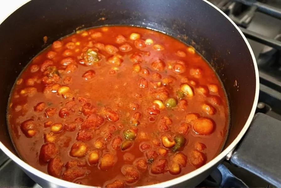 Chili simmering uncovered in a pot on stove