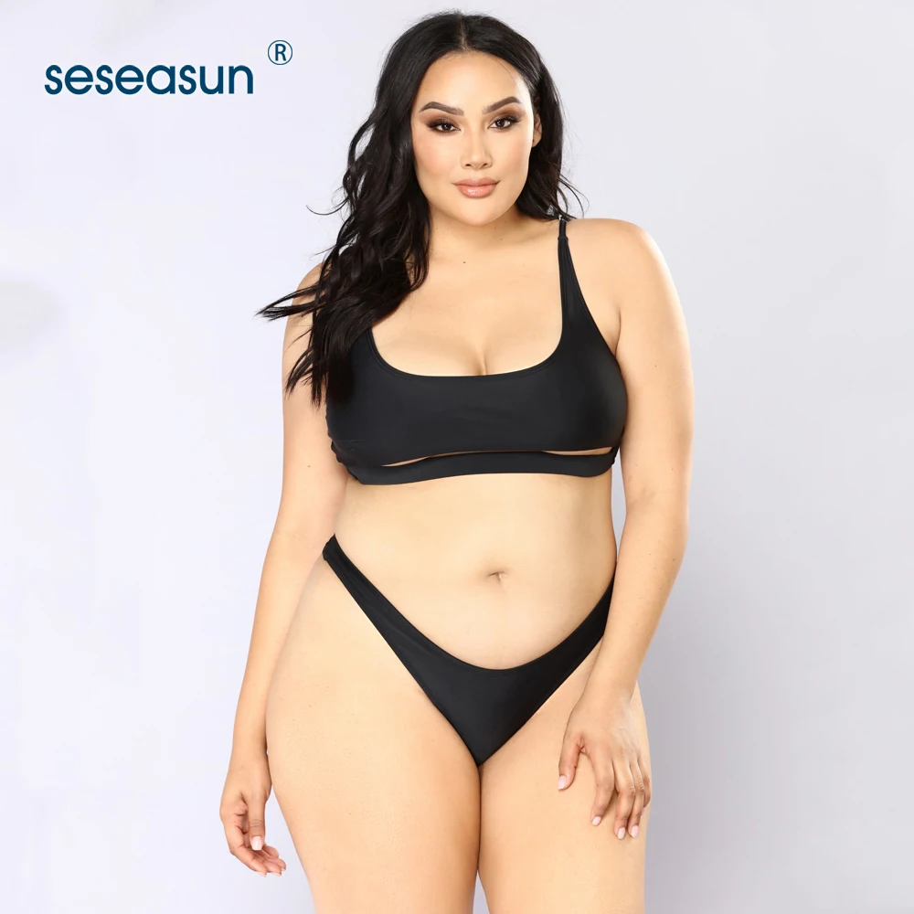 

Plus size Solid Red Women Bandeau Swimwear High Cut Out Sexy Thong Bikini Set Black Two Piece Swimsuit Beachwear Bathing Suit, Black, red