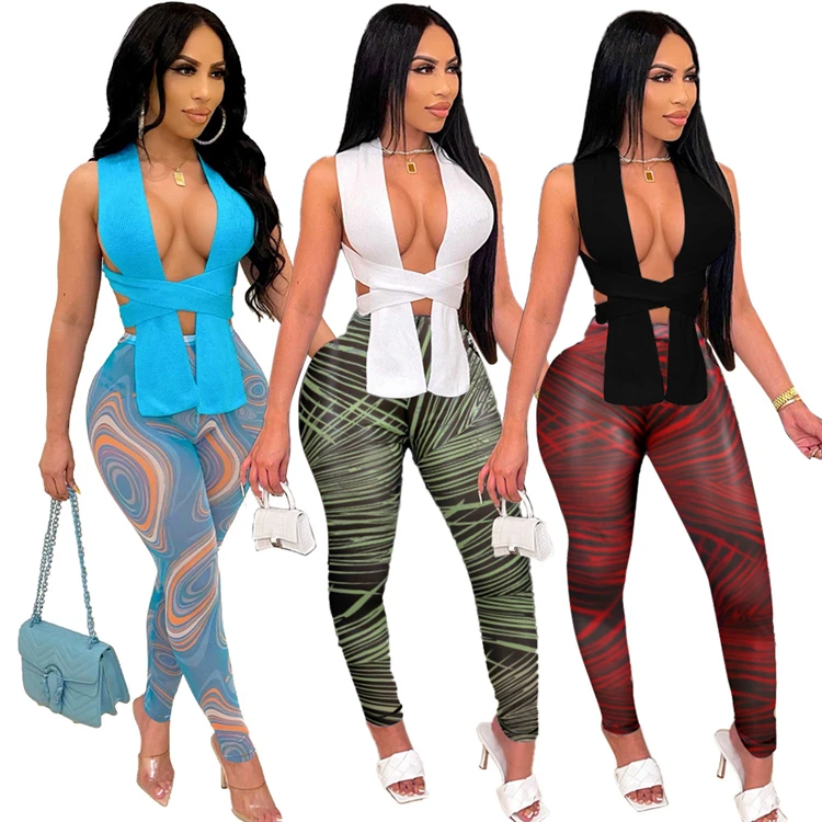 

2022 Hot Sexy Ladies Outfits Sleeveless Irregular Tank Top Printed Winter Women Two Piece Pants Set, Picture shown