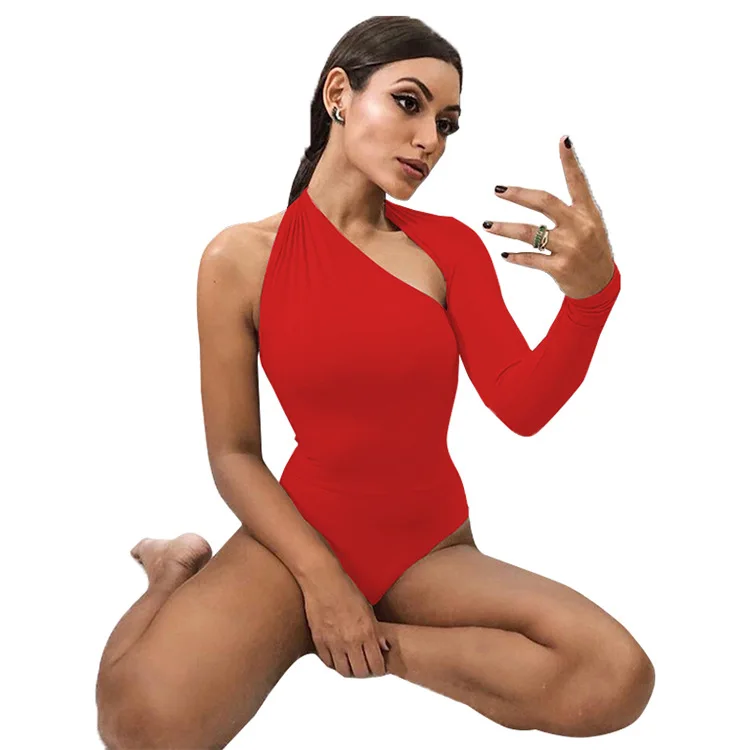 

2021 New Arrivals Women'S Summer Backless Jumpsuits Casual Skinny One Shoulder Romper Bodycon Tops Long Sleeve Bodysuit