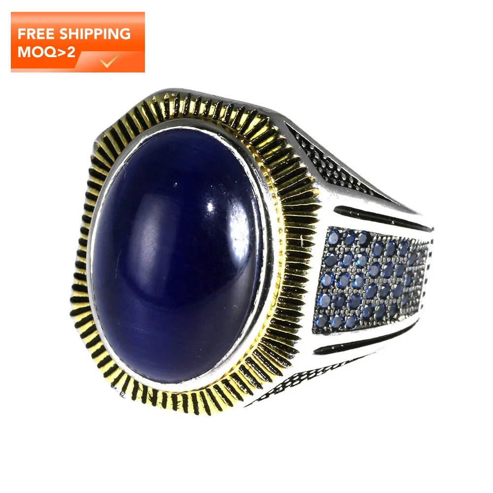 

Guaranteed 925 Sterling Silver Rings Antique Men's Turkey Rings With Natural Blue Tiger Eyes Stones Turkish Jewelry Anello Uomo