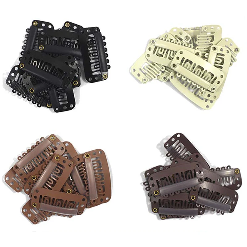 

6-Teeth Snap Clips U-Shape Metal Clip With Silicone Back for DIY Hair Extensions Hairpiece Snap-Comb Wig Clip, Black, dark brown, light brown, blonde