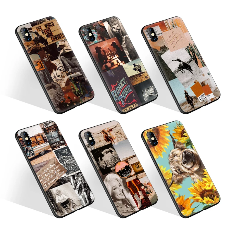 

Retro Western Cowboy Girl Set Designs TPU Soft Phone Cases for iPhone 13 12 11 Pro Max Light Weight Ultra-thin Covers, Black