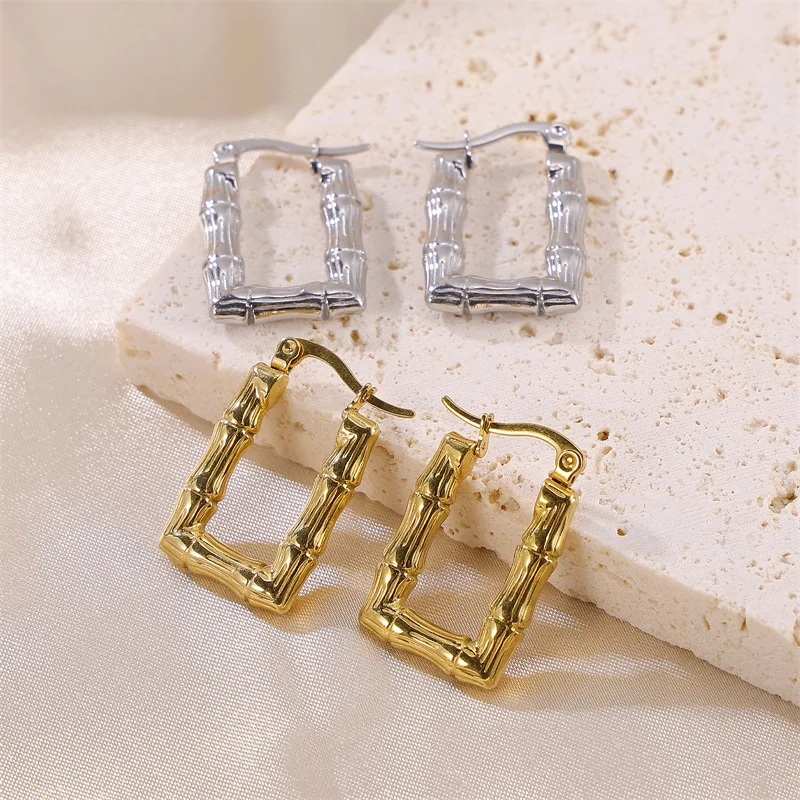 

Wholesale Fashion Jewelry bamboo knot pattern rectangular 18k real gold stainless steel hollow earrings