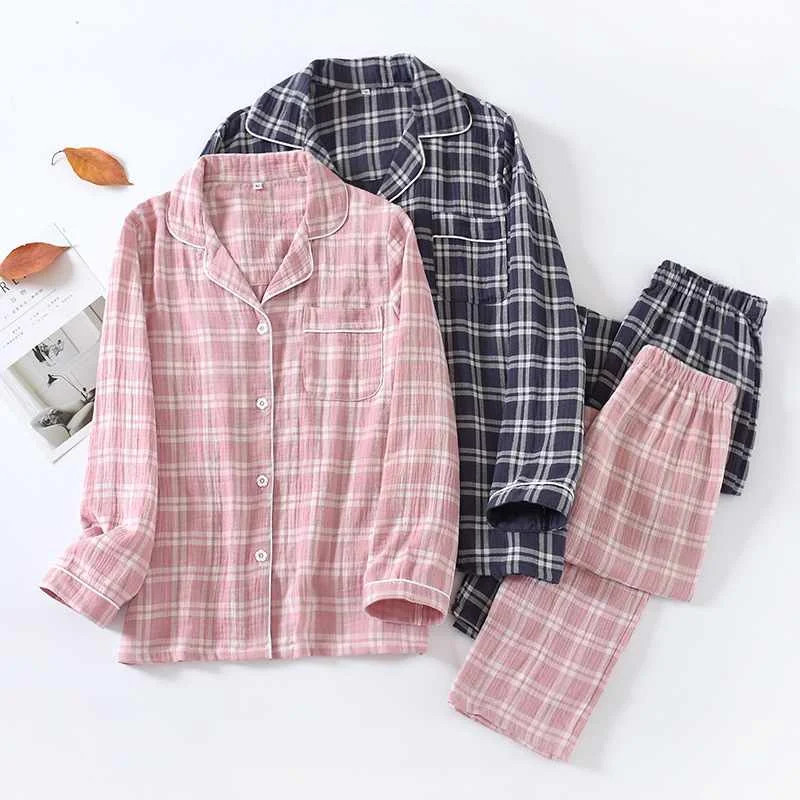 

Japanese new style spring and autumn couple 100% cotton sleepwear women's simple plaid men's large size casual home service suit, Required
