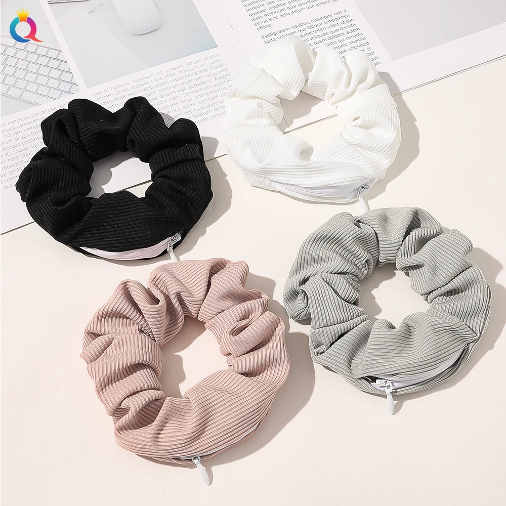 QIYUE  Women Custom Logo Cotton Hair Accessories Zipper Hidden Pocket Hair Scrunchies For Girl