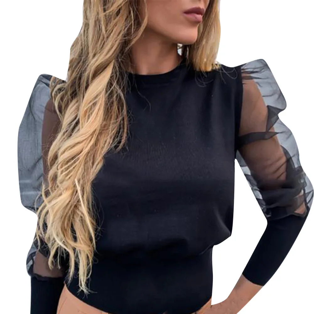 2020 Ecowalson Hot Sale T-Shirt Sexy Puff Sleeve Mesh Long Sleeve Round Neck Top Blouse