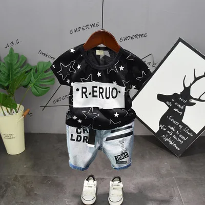 

Toddler Little Boy Kids Summer star printed t Shirt ripped Short jeans 2pcs Outfit Clothes set, Picture shows