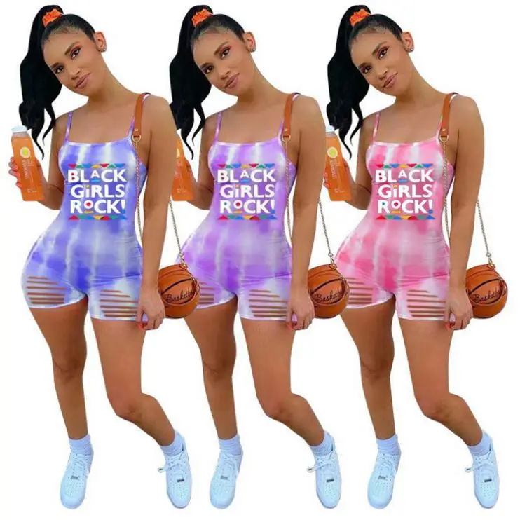 

MISS Wholesale Letter Print Burning Holes Summer Casual One Piece Short Rompers Women Camisole Jumpsuits