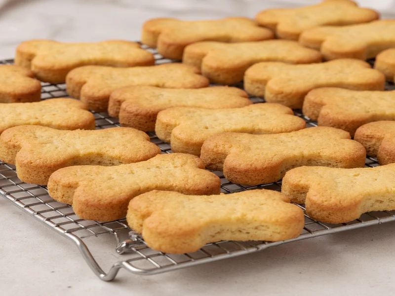 Homemade dog biscuits cooling on wire rack