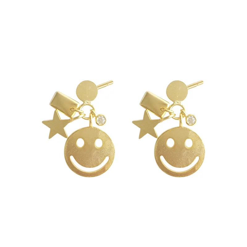 

Daidan Star Earrings 925 Happy Face Rectangle Smiley Face Zircon 18K Gold Cute Stud Earrings