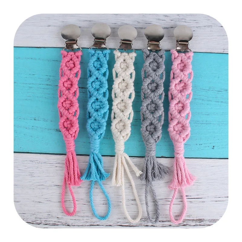 

Handmade Woven Cotton Baby Pacifier Chain Eco-friendly Colorful Macrame Metal Pacifier Clip