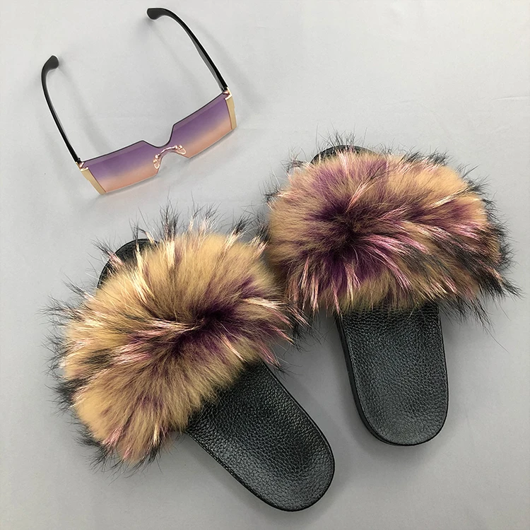 

Full fur luxury PVC full cover winter lady fur slippers real raccoon fur slippers and multicolor sun glasses 2pcs, Customized color