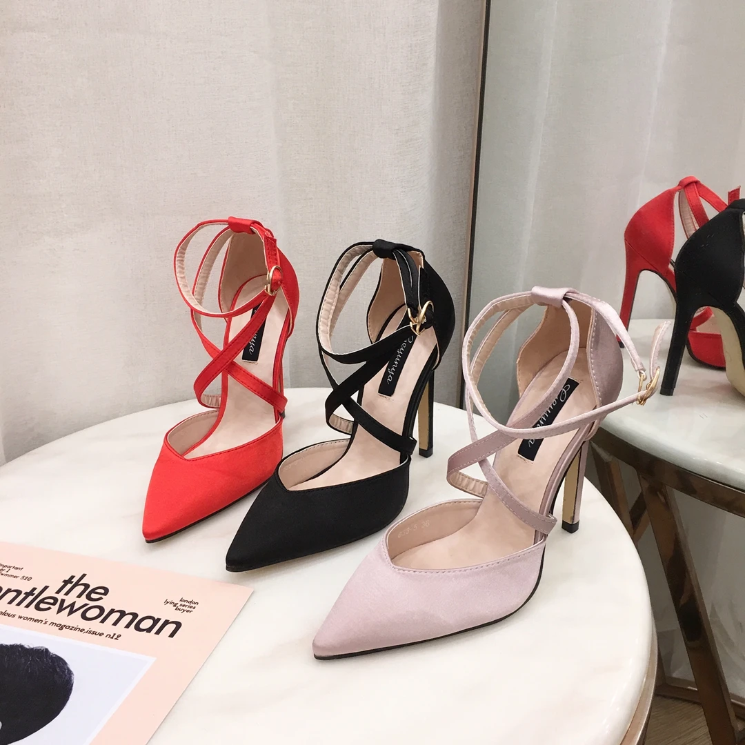 

The new satin fabric cross straps super high fine heel pointed high heel women, Black,pink,red
