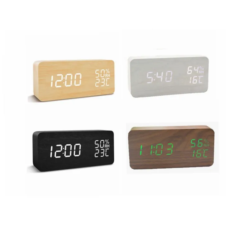 Display time indoor temperature time and humidity LED Digital Desk Wooden alarm clock
