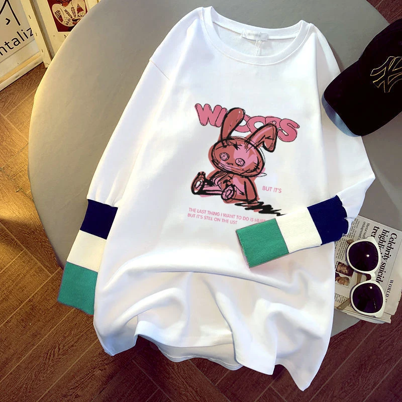 

2021 spring and autumn new women's blouse cartoon printing stitching sleeves white long-sleeved T-shirt ladies casual pullover