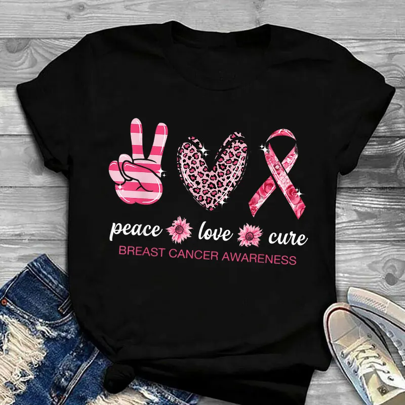 

Wholesale Cheap Price Peace Love Cure Crop Tops t-shirts Women Sexy Breast Cancer Awareness Blank t shirts For Women