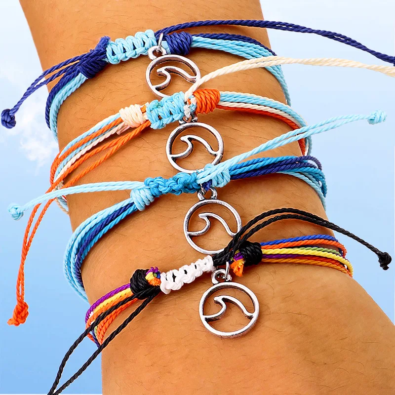 

Wholesale Handmade Summer Beach Cord Bracelet Braided Waterproof Wax Cotton Colorful Cord Macrame Boho Wave Anklet Bracelet