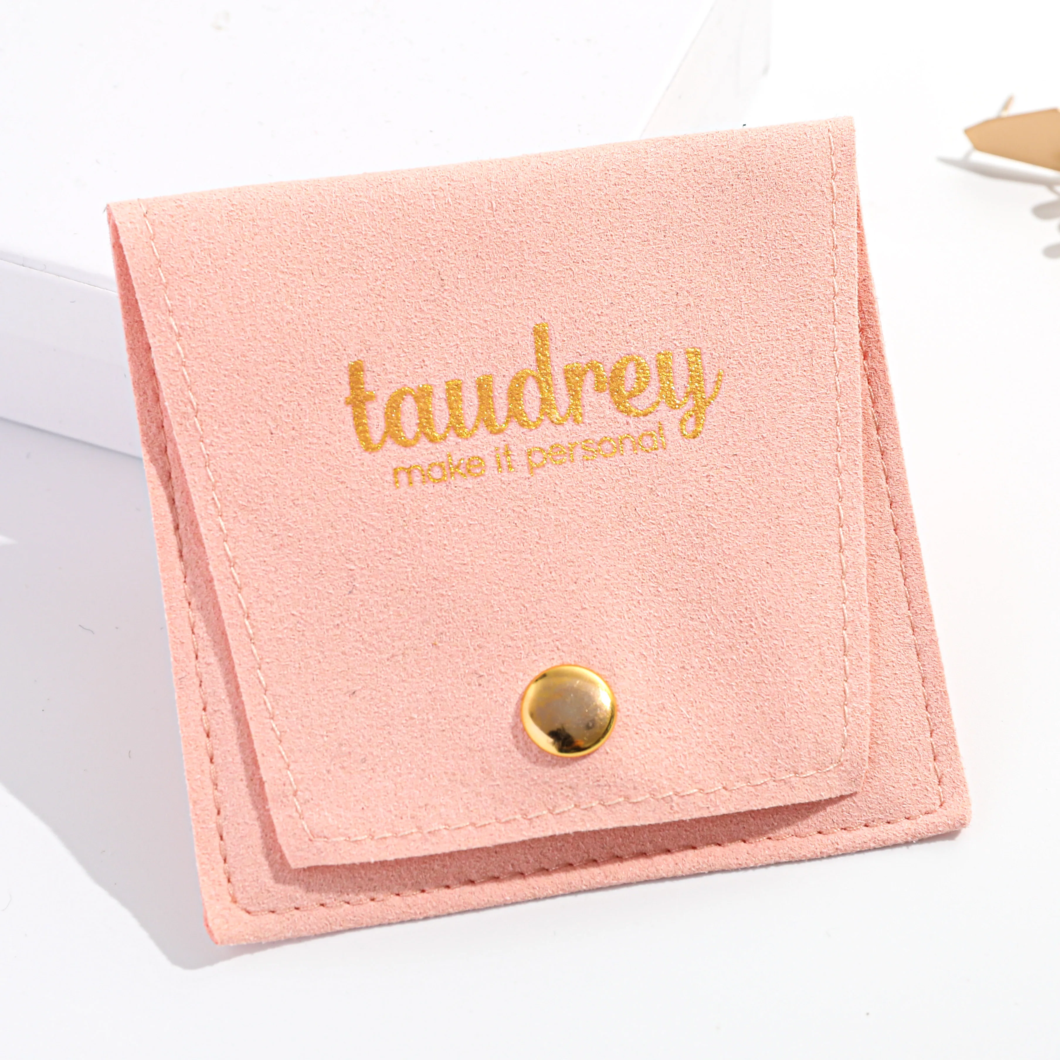

2020 Hot sell Gold goil logo Snap button jewelry holder envelope suede pouch, Custom