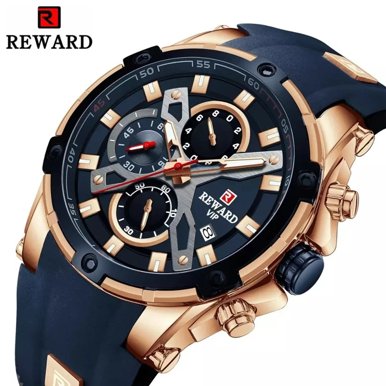 

REWARD New Watches Mens Luxury Brand Big Dial Watch Men Waterproof Silicone Sport Quartz Wristwatch Sports Chronograph Clock