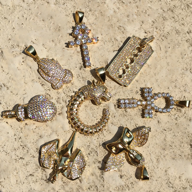

2021 iced out jewellery with stones gold ankh cross pendant cz angel diamond pendant hip hop