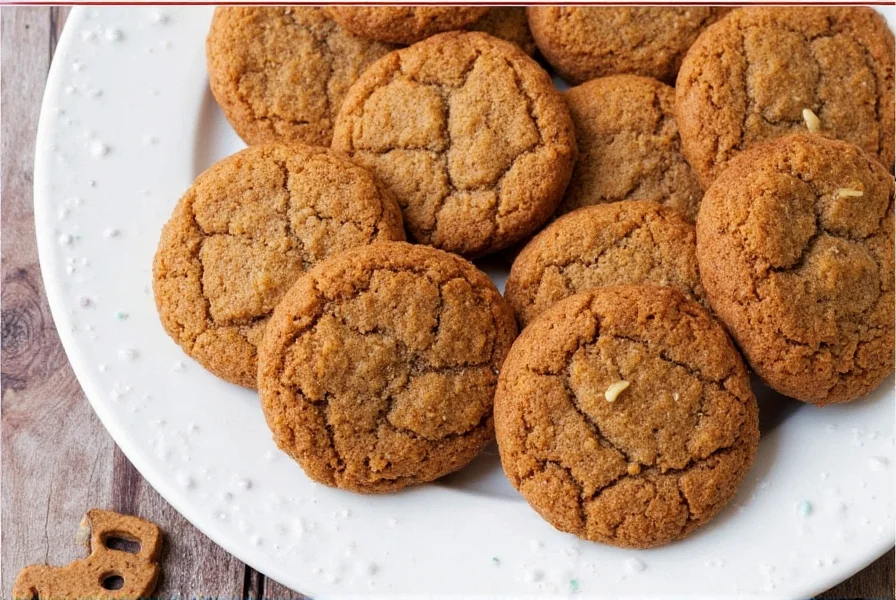 Close-up of golden-brown ginger cookies with cracked surface on parchment paper, showing perfect texture balance between crisp edges and soft center