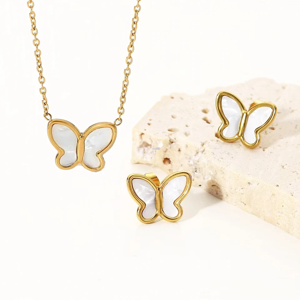 

Titanium Steel New White Shell Three-dimensional Butterfly Necklace Earrings Stainless Steel fashion Jewelry Set