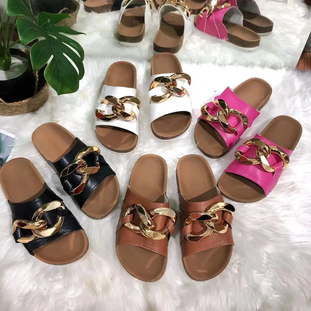 

2021 hot sale Beach Summer Shoes Women metal chain Sandals Outdoor Ladies Sandals And Flat Slippers For Women, Black, pink, khaki,white