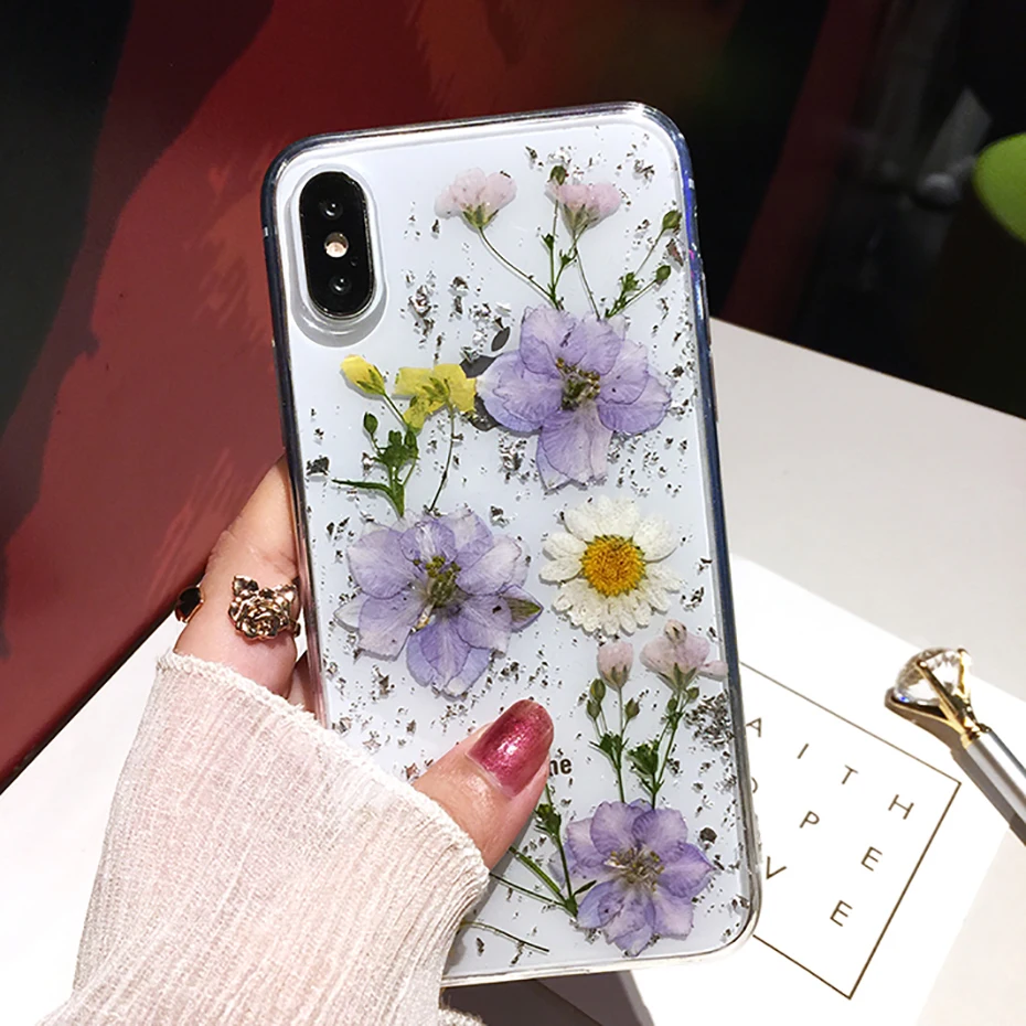 

Dried Flower Silver foil Clear Phone Cases For Samsung Galaxy S20 S10 S9 S8 Plus Note 10 Pro Case Soft Floral Cover