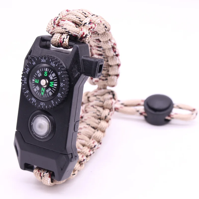 

Customized OEM SOS Detachable Compass Survival Bracelet Factory Professional LED light Flint Starter Whistle Compass Bracelet