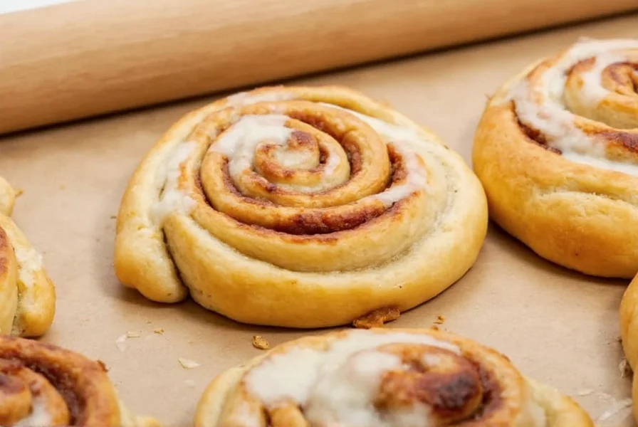 Finished pizza dough cinnamon rolls with glossy icing drizzled on top