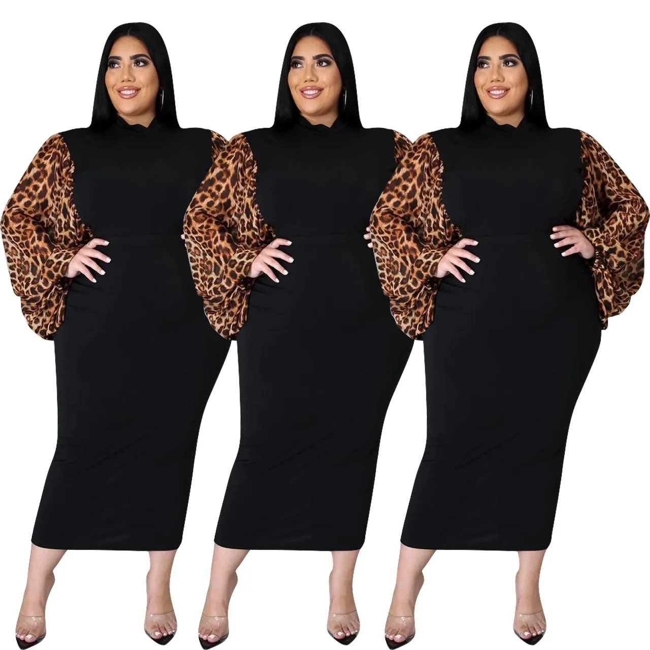 

Fall Fashion Womens Long Lantern Sleeve High Quality Dress Leopard Wholesale Dresses Patchwork Midi Plus Size Dress & Skirts