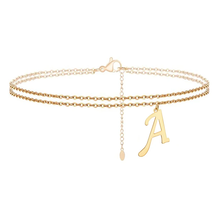 

Wholesale Gold Anklet Initial Anklets Stainless Steel Letter Symbol Pendant Bracelet Double Layer, Gold color