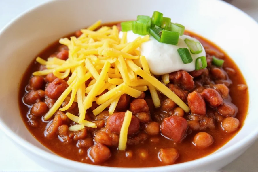 Finished bowl of easy simple chili recipe with toppings including cheese, sour cream, and green onions