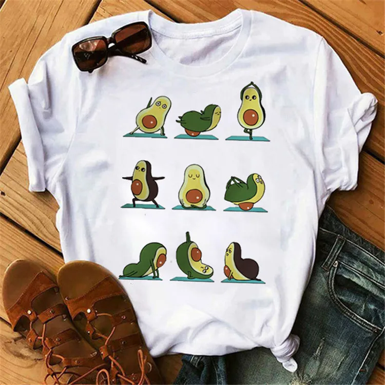 

Cartoon Avocado Print Short Sleeve T-shirt Women Casual Tops Female Summer T-shirts Tops, As show