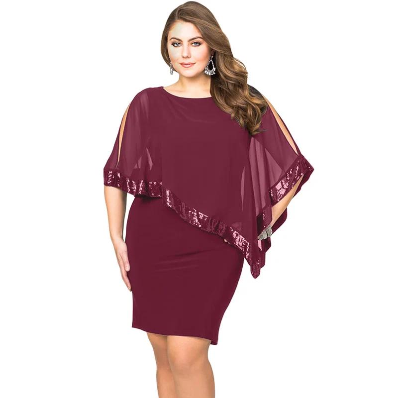 

High Quality Burgundy Sequined Mesh Overlay Plus Size Poncho Dress For Women, Customized