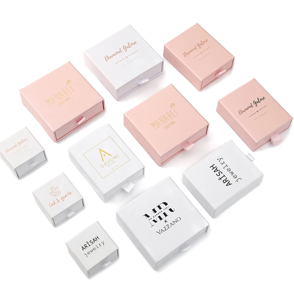 

Wholesale 100pcs/lot Cardboard Slide Packaging Custom with Logo Pink Paper Jewelry Box, White or black