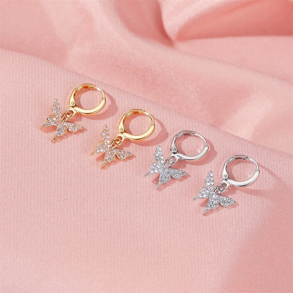 

Korea Sweet Temperament Jewelry Gold Silver Color Metal Insect Dangle Earrings Small Cute Crystal Butterfly Drop Earrings