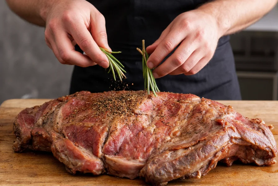 Chef seasoning a lamb roast with fresh rosemary and freshly cracked black pepper
