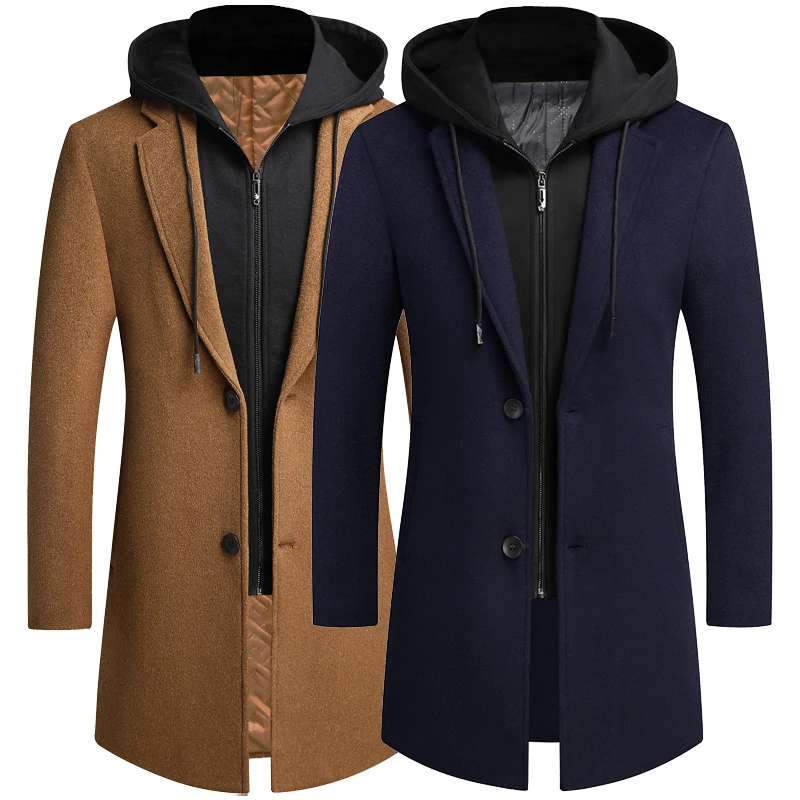 

Plus Size Wool Polyester Overcoat Plain Color Detachable Hat Winter Slim Long Warm Trench Men's Coats