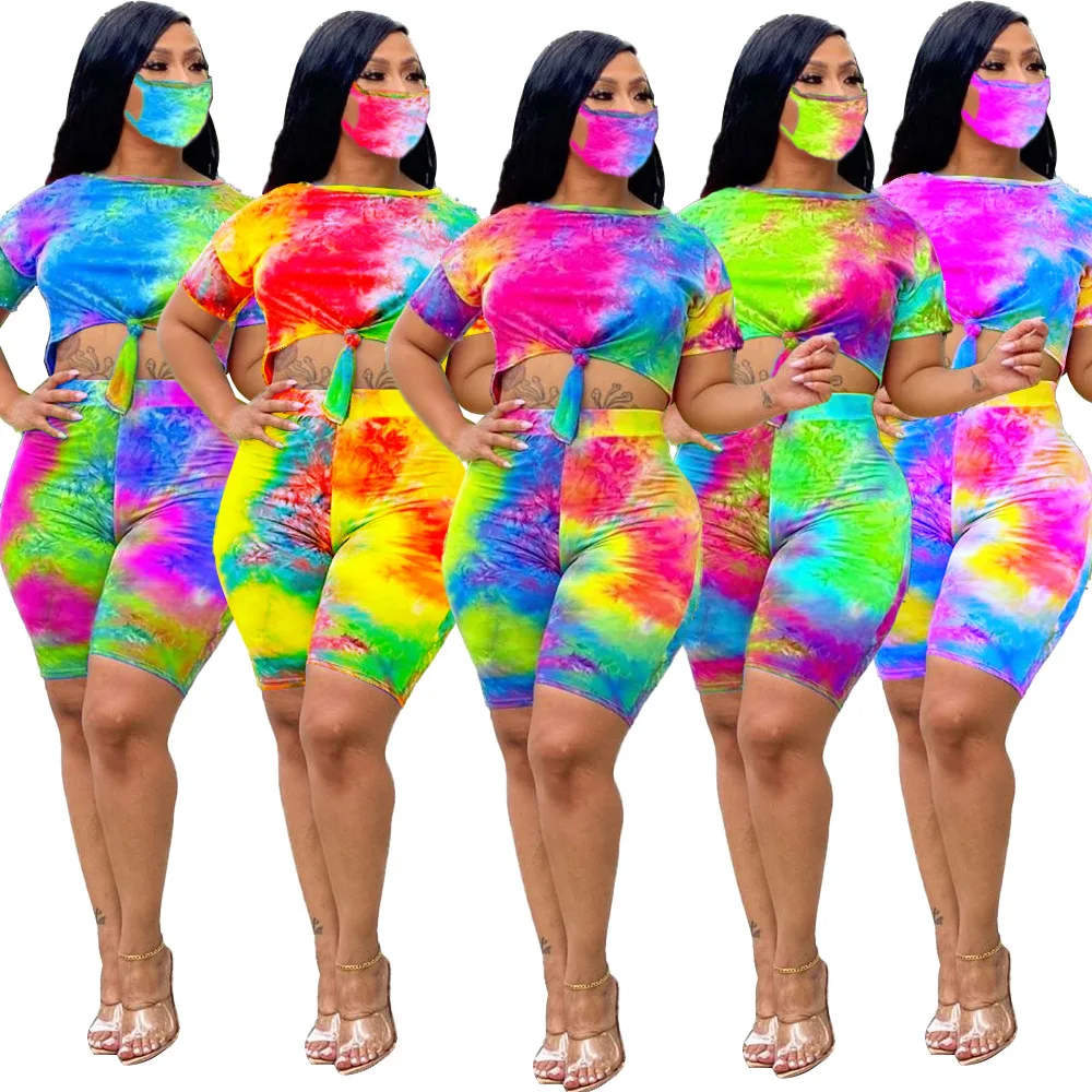 

2021 New Arrivals Summer Ladies Short Plus Size Tie dye digital print Women Wears Two Piece Short Set, Picture shows