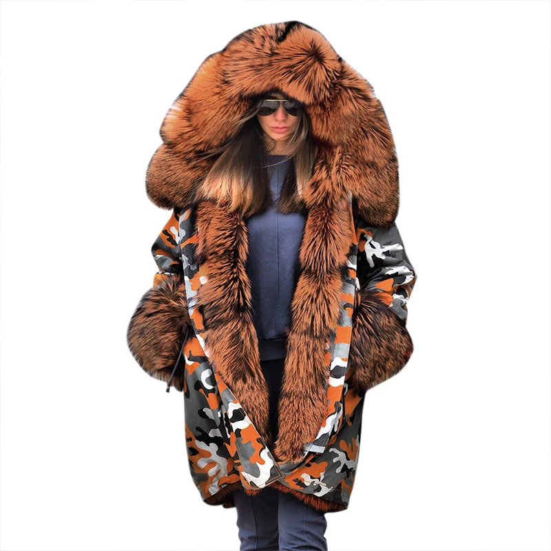 New Camouflage Costume Occident Winter Dress Warm Mink Hair Collar Hooded Cotton-padded Clothes Women Coat