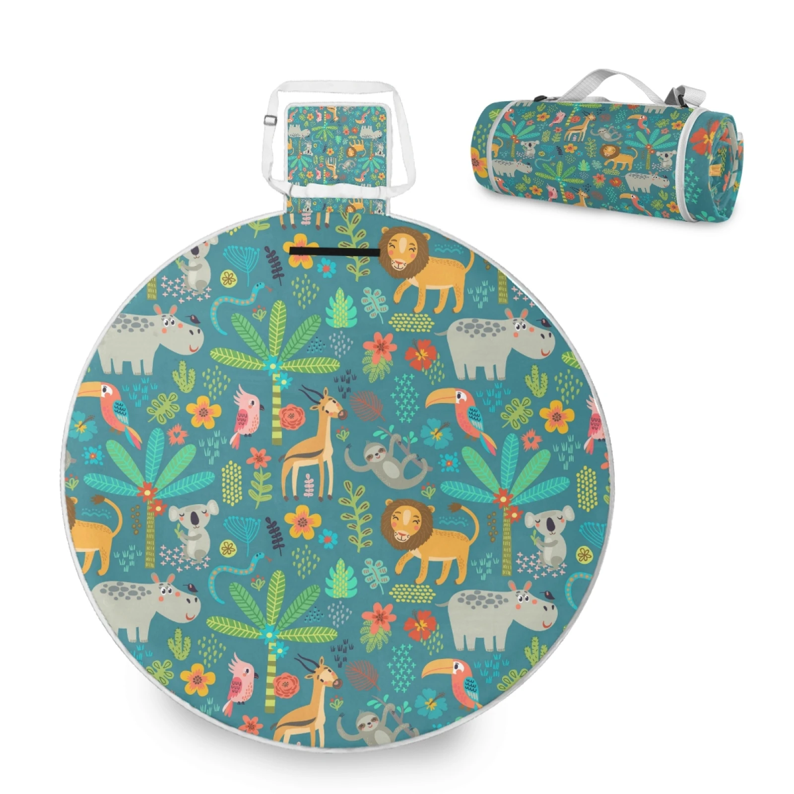 

Fashion waterproof fleece customized cute cartoon printing portable picnic blanket round outdoor beach mat for sale