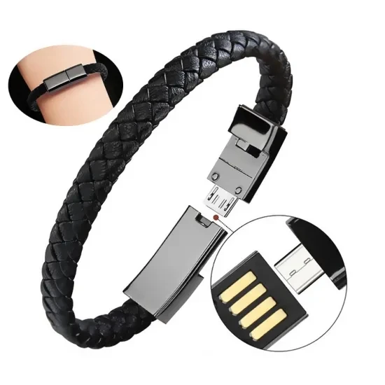 

Micro Usb Charging Line Type c USB Cable 8 Pin Wrist Charging Cable Short Leather Bracelet Data Line, Black