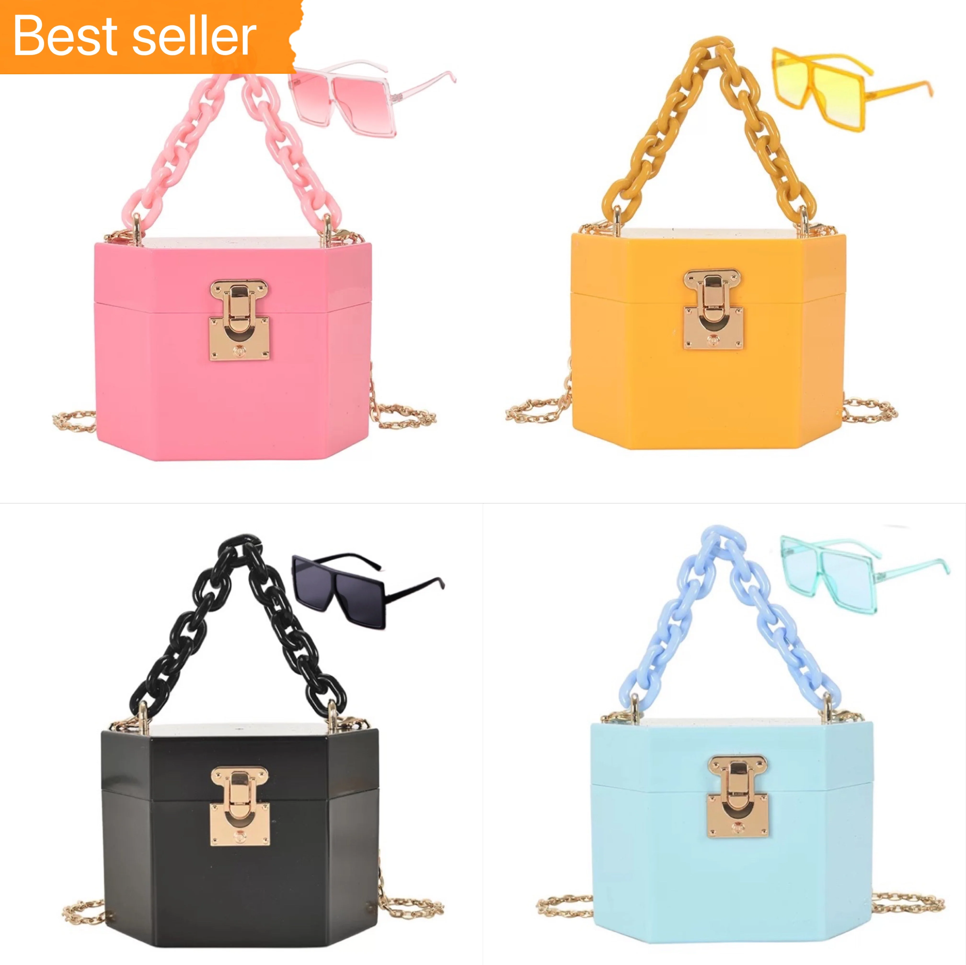

Acrylic Women Party Evening Square Fashion Chain Box Ladies Designer hand bags crossbody with matching sunglasses shades glasset, 7 colors