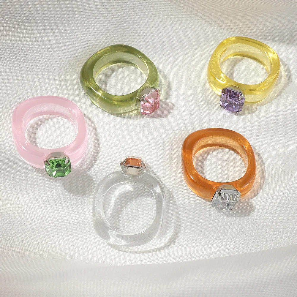 

New Geometric Square Round Irregular Rhinestone Finger Jewelry Women Men Colorful Crystal Inlaid Transparent Resin Acrylic Ring