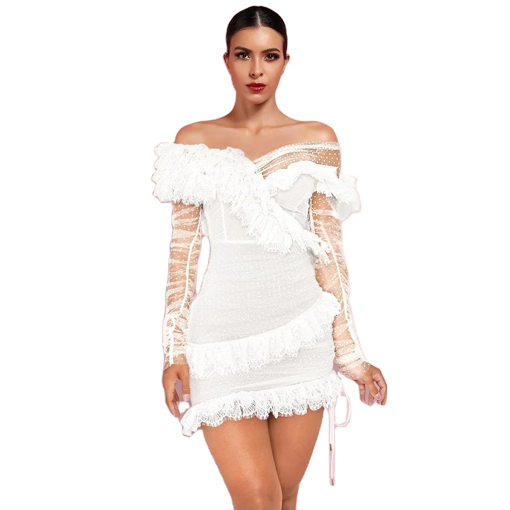 

2021 Promotion Women Summer Casual White Mesh Patchwork Short Sleeve Mini Tassel Dress for Daily