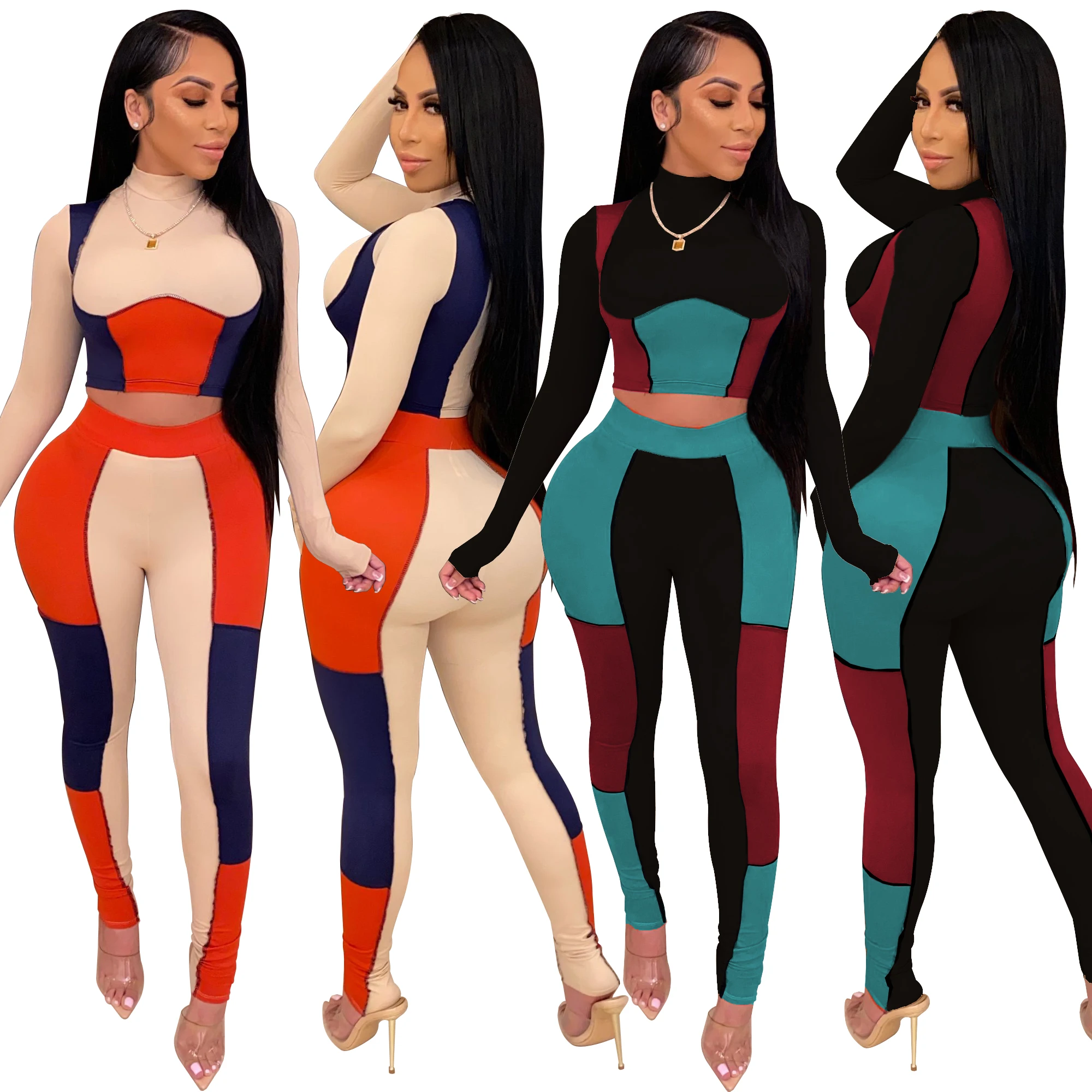 

2021 Spring Women's Two Piece Set Colorblock Patchwork Long Sleeve Joggers Womens Clothing 2 Piece Family Set Trackuit